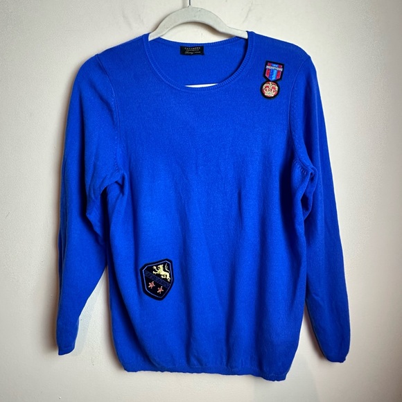 Charter Club Luxury Cashmere Crewneck Sweater with Patches Bright Blue Size XL - Picture 2 of 11